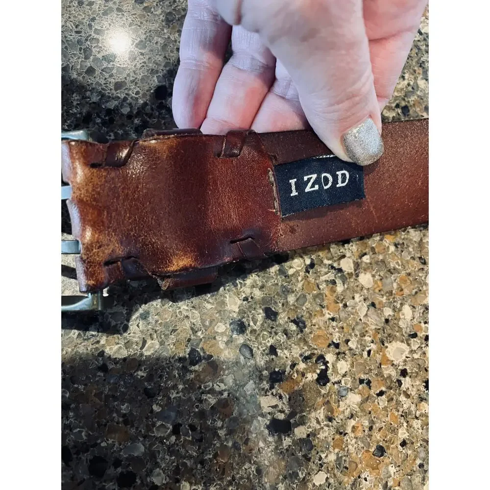 Vintage Y2K IZOD 2 Prong Brass Brown Leather Belt Size 40
